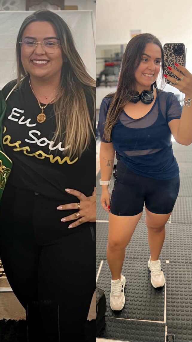 Registro de antes e depois com duas fotografias lado a lado, em ambientes diferentes.
