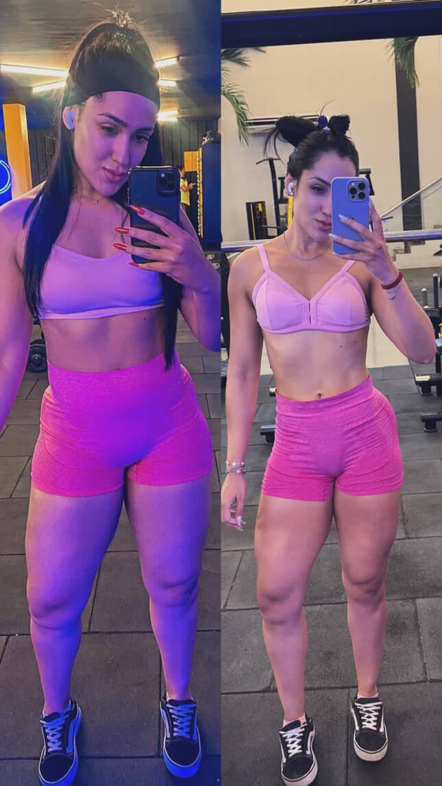 Registro de antes e depois com duas fotografias em roupas esportivas na academia, lado a lado.